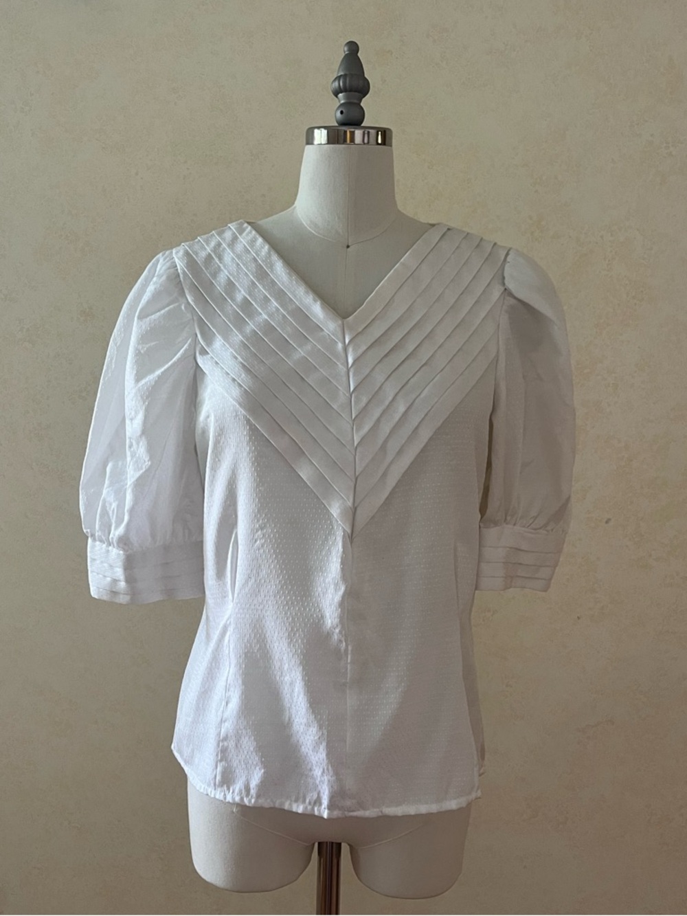 Kassie Vintage 80s Puff Sleeve Swiss Dot Pleated V-Neck Button Back Blouse